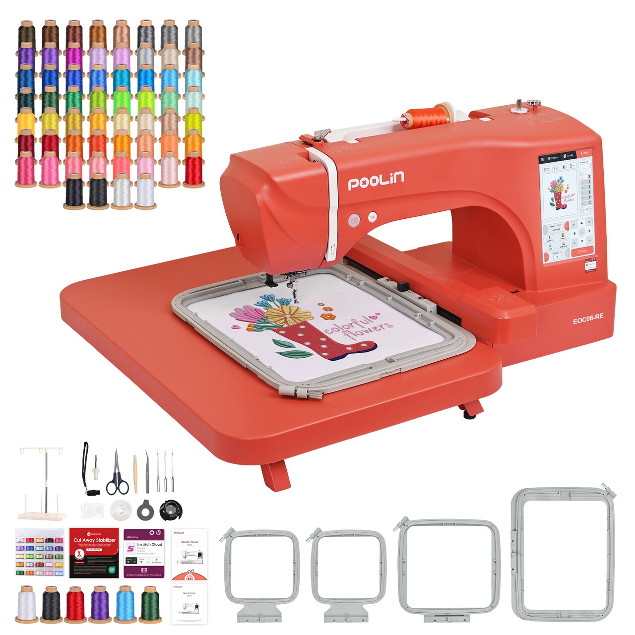 Official Poolin EOC06-RE Computerized Embroidery Machine Bundle with 60-Color Richword Polyester Thread Set – 7.9"x11" Large Embroidery Area, 7" LCD Touch Screen, WiFi Available, Free Online Digitizing Software for Business & Gift